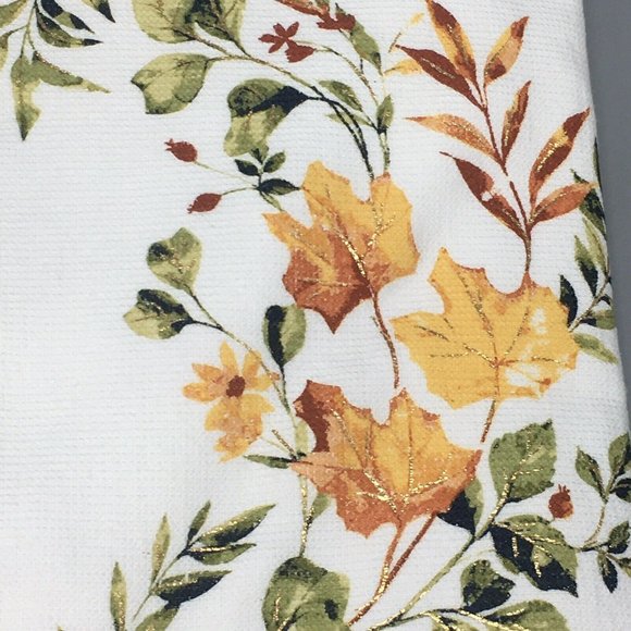 2 Shabby Chic Fall Leaves Terry Kitchen Towel Green Orange Yellow Rust Gold Foil - Picture 3 of 8
